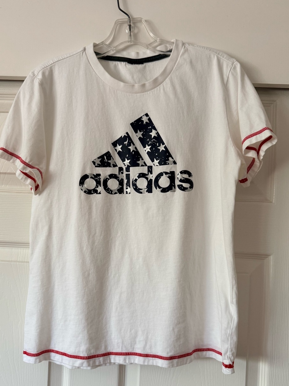 adidas White Tee with Navy Star Logo and Red Trim